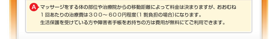 マッサージをする体の部位や治療院からの移動距離によって料金は決まりますが、 おおむね1回あたりの治療費は３００〜６００円程度（1割負担の場合）になります。 生活保護を受けている方や障害者手帳をお持ちの方は費用が無料にてご利用できます。
